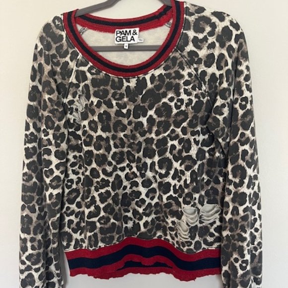 pam and gela Tops - Pam & Gela animal leopard print distressed sweatshirt size Medium